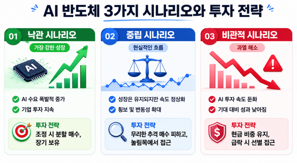 AI 반도체 투자 전망을 낙관·중립·비관 시나리오로 나눠 정리한 인포그래픽 이미지. 낙관 시나리오는 AI 수요 폭증과 장기 보유 전략을, 중립 시나리오는 성장 둔화와 눌림목 접근 전략을, 비관적 시나리오는 과열 해소와 현금 비중 유지 전략을 직관적인 그래픽과 함께 설명한 디자인.