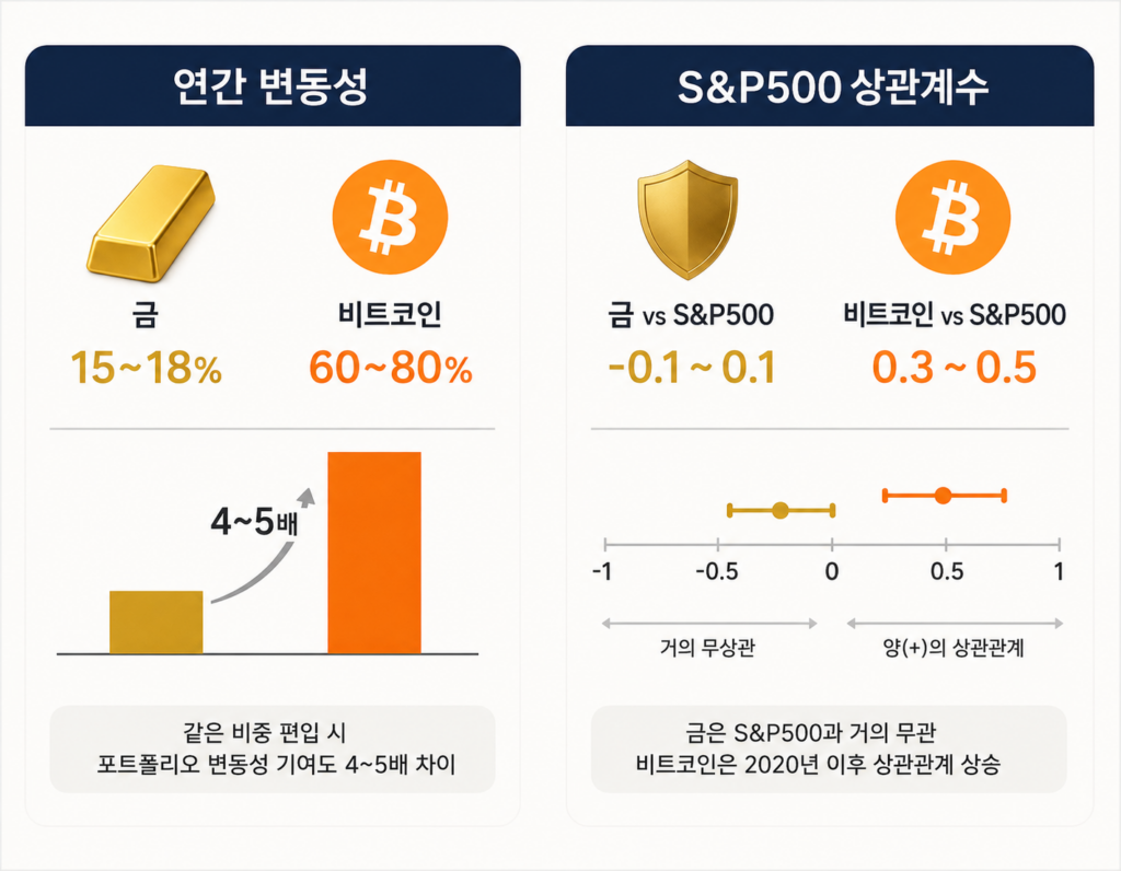 연간 변동성과 S&P500 상관계수를 비교한 인포그래픽 이미지로, 금은 낮은 변동성과 거의 무상관 특성을 보이는 반면 비트코인은 높은 변동성과 높은 양(+)의 상관관계를 보인다는 점을 시각적으로 설명한 금융 자산 비교 차트