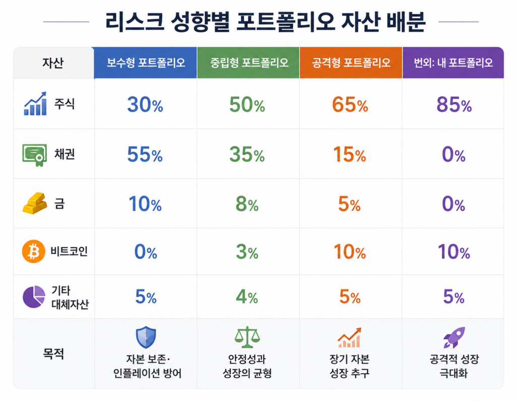 리스크 성향별 포트폴리오 자산 배분 비율을 비교한 표 이미지로, 보수형·중립형·공격형·개인 포트폴리오의 주식, 채권, 금, 비트코인, 기타 대체자산 비중과 투자 목적을 한눈에 보여주는 자산배분 인포그래픽