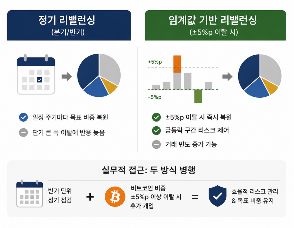 정기 리밸런싱과 임계값 기반 리밸런싱 전략을 비교한 인포그래픽 이미지로, 분기·반기 기준의 정기 점검 방식과 비트코인 비중이 ±5%p 이상 이탈할 때 즉시 조정하는 방식의 차이와 병행 전략을 시각적으로 설명한 자산배분 관리 차트