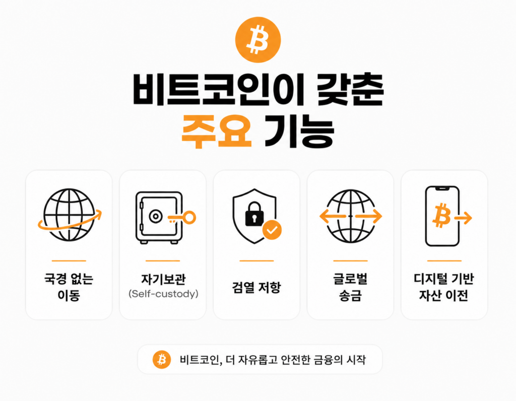 비트코인의 주요 기능을 정리한 인포그래픽 이미지. 국경 없는 이동, 자기보관(Self-custody), 검열 저항, 글로벌 송금, 디지털 기반 자산 이전 기능을 아이콘과 함께 심플하게 설명하고 있다.