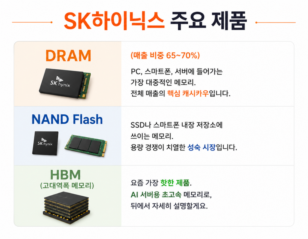 SK하이닉스 주요 메모리 사업 구조를 정리한 인포그래픽. DRAM, NAND Flash, HBM의 특징과 활용 분야를 심플한 표 형식으로 설명한 이미지