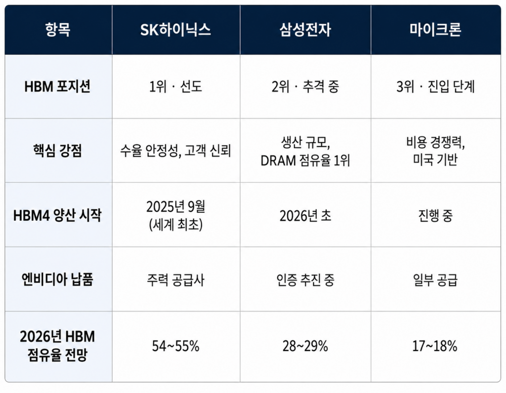 K하이닉스·삼성전자·마이크론의 HBM 경쟁 구도를 비교한 표입니다.
표는 총 4개 열(항목, SK하이닉스, 삼성전자, 마이크론)과 5개 비교 항목으로 구성되어 있습니다.