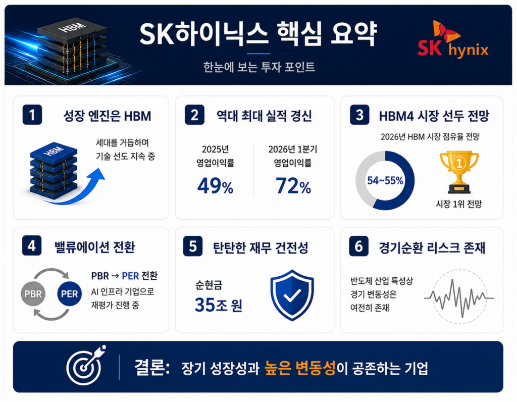 SK하이닉스의 핵심 투자 포인트를 정리한 인포그래픽입니다.
상단에는 짙은 남색 배경 위에 “SK하이닉스 핵심 요약”이라는 큰 제목과 “한눈에 보는 투자 포인트”라는 부제목이 표시되어 있습니다. 왼쪽에는 HBM 메모리 적층 이미지, 오른쪽에는 SK hynix 로고가 배치되어 있습니다.
중앙에는 6개의 카드형 박스로 핵심 내용이 정리되어 있습니다.
1번 카드 — 성장 엔진은 HBM
HBM 적층 메모리 이미지와 상승 화살표 사용
“세대를 거듭하며 기술 선도 지속 중” 설명 포함
2번 카드 — 역대 최대 실적 경신
2025년 영업이익률 49%
2026년 1분기 영업이익률 72%
대형 숫자로 강조 표시
3번 카드 — HBM4 시장 선도 전망
원형 점유율 그래프와 트로피 아이콘 사용
2026년 HBM 시장 점유율 54~55%
“시장 1위 전망” 문구 포함
4번 카드 — 밸류에이션 전환
PBR → PER 전환 다이어그램 사용
“AI 인프라 기업으로 재평가 진행 중” 설명 포함
5번 카드 — 탄탄한 재무 건전성
방패 아이콘 사용
“순현금 35조 원” 강조
6번 카드 — 경기순환 리스크 존재
변동성 그래프 아이콘 사용
“반도체 산업 특성상 경기 변동성은 여전히 존재” 설명 포함
하단에는 진한 남색 배너가 있으며, 다음 결론이 강조되어 있습니다.
“결론: 장기 성장성과 높은 변동성이 공존하는 기업”
전체 디자인은 흰색 배경과 남색 포인트 컬러를 사용한 깔끔한 기업 프레젠테이션 스타일입니다.