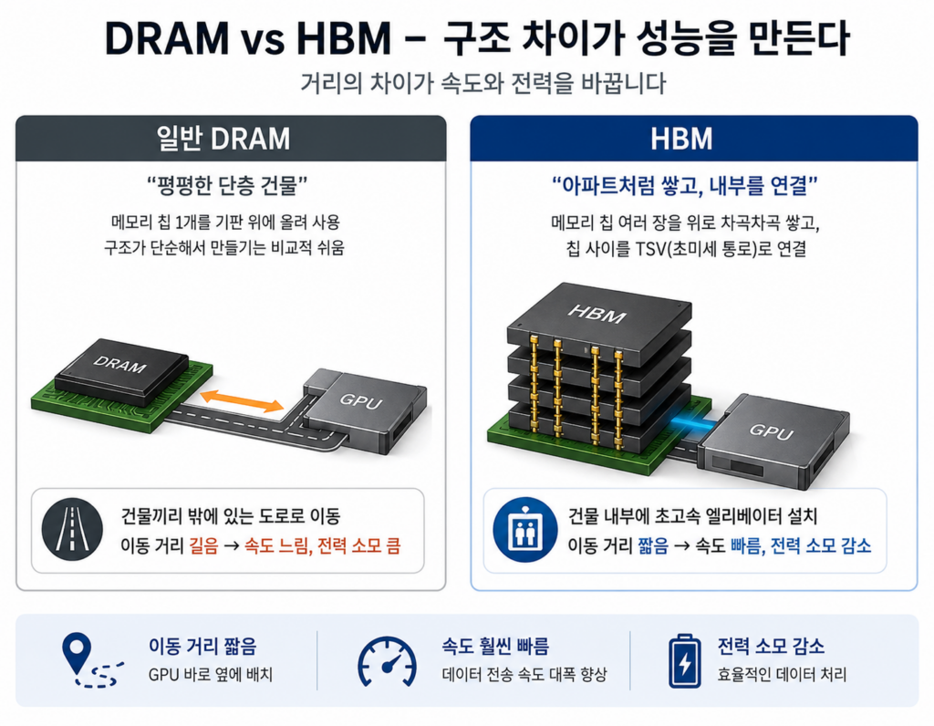 DRAM과 HBM의 구조 차이를 비교한 인포그래픽입니다.
상단에는 “DRAM vs HBM - 구조 차이가 성능을 만든다”라는 제목과 “거리의 차이가 속도와 전력을 바꿉니다”라는 부제목이 들어가 있습니다.
이미지는 좌우 2개 영역으로 나뉘어 있습니다.
왼쪽은 일반 DRAM 설명입니다.
“평평한 단층 건물”이라는 표현 사용
메모리 칩 1개를 기판 위에 올려 사용하는 구조
GPU와 떨어져 연결되어 있어 데이터 이동 거리가 길다는 점 강조
도로처럼 연결된 구조 이미지와 함께:
이동 거리 길음
속도 느림
전력 소모 큼
이라는 특징 표시
오른쪽은 HBM 설명입니다.
“아파트처럼 쌓고, 내부를 연결”이라는 표현 사용
여러 개 메모리 칩을 수직으로 적층한 모습 표현
TSV(초미세 통로)로 칩 내부를 연결하는 구조 설명
GPU 바로 옆에 붙어 있는 구조 이미지와 함께:
이동 거리 짧음
속도 빠름
전력 소모 감소
특징 강조
하단에는 핵심 요약 아이콘 3개가 배치되어 있습니다.
이동 거리 짧음
속도 훨씬 빠름
전력 소모 감소
전체적으로 흰색 배경과 파란색 포인트 컬러를 사용한 깔끔한 기술 인포그래픽 스타일입니다.