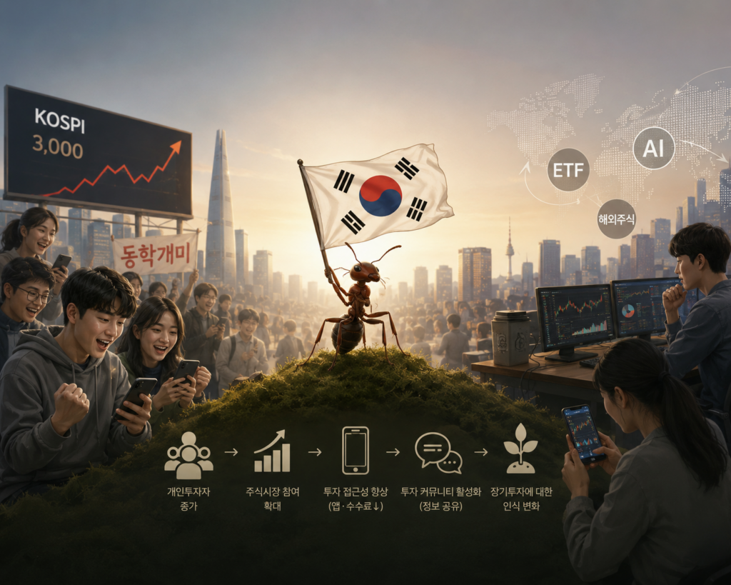 동학개미 열풍 이후 한국 투자문화 변화와 개인투자자 증가를 표현한 투자 일러스트 이미지