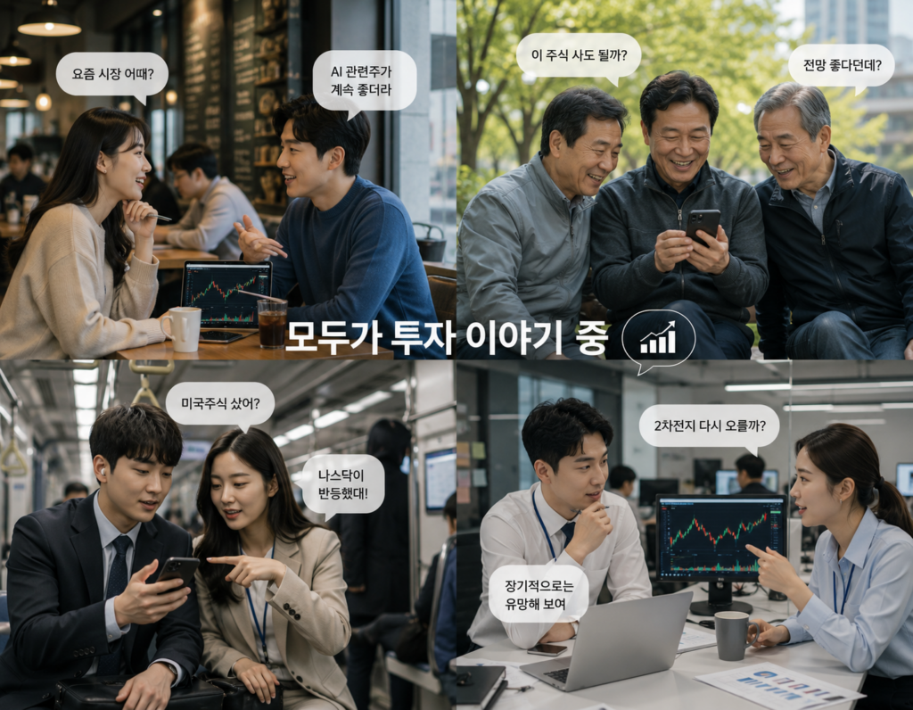 카페, 직장, 지하철, 공원 등 일상 공간에서 사람들이 주식과 투자 이야기를 나누는 한국 투자 열풍 이미지