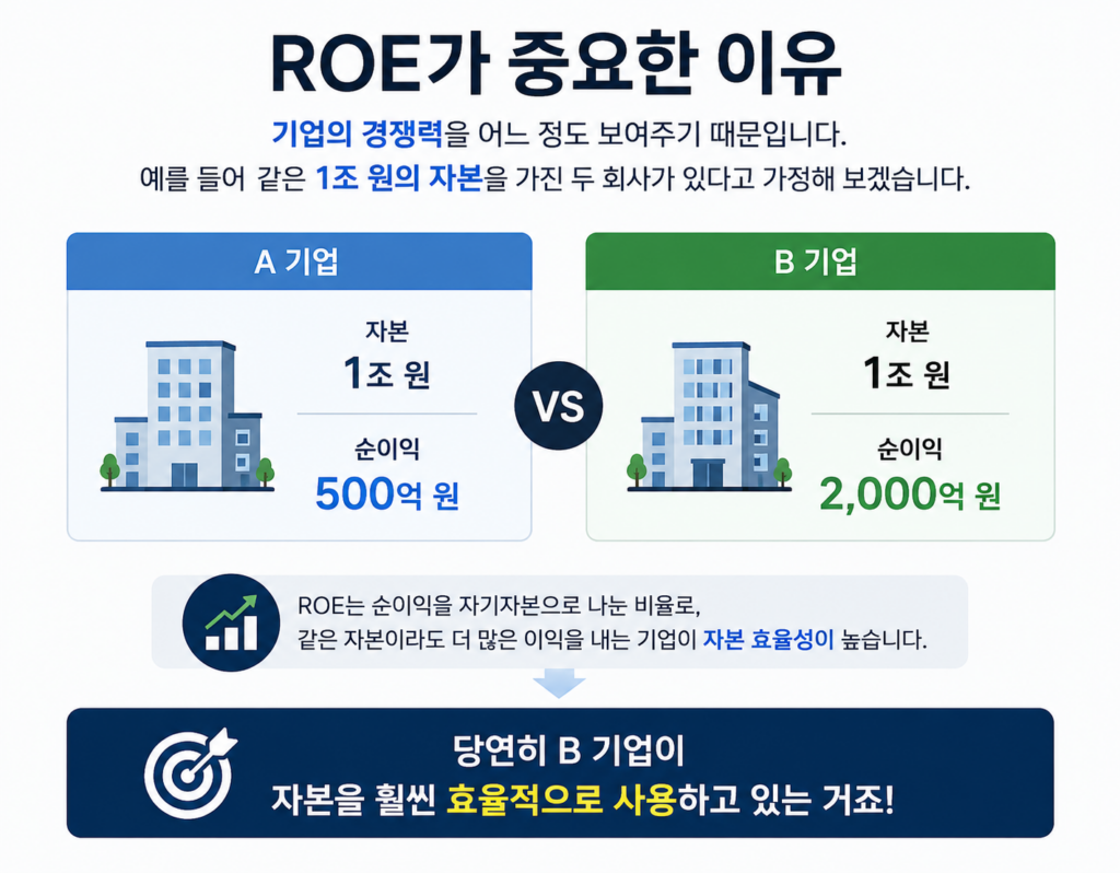 같은 자본 1조 원을 가진 A기업과 B기업의 순이익(500억 원, 2,000억 원)을 비교해 ROE와 자본 효율성을 설명하는 인포그래픽 이미지