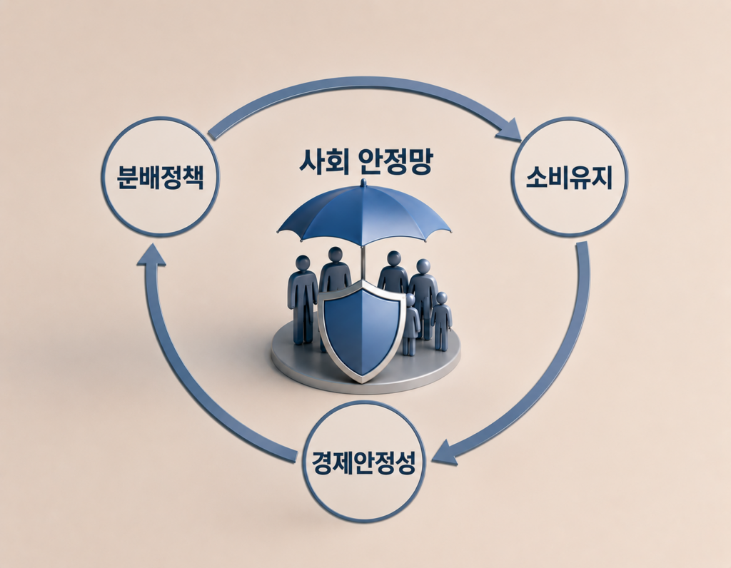 사회 안전망을 중심으로 분배정책, 소비 유지, 경제 안정성이 서로 순환하며 경제 충격을 완화하는 구조를 표현한 경제 개념 인포그래픽 이미지
