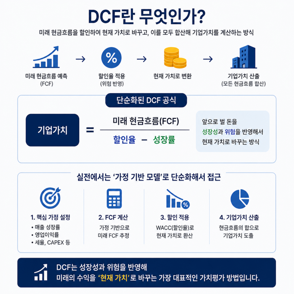 디로컬(DLO) DCF 분석에 사용된 현금흐름할인법(DCF) 개념 설명 인포그래픽. 미래 현금흐름, 할인율, 성장률, 기업가치 계산 구조를 쉽게 정리한 이미지.