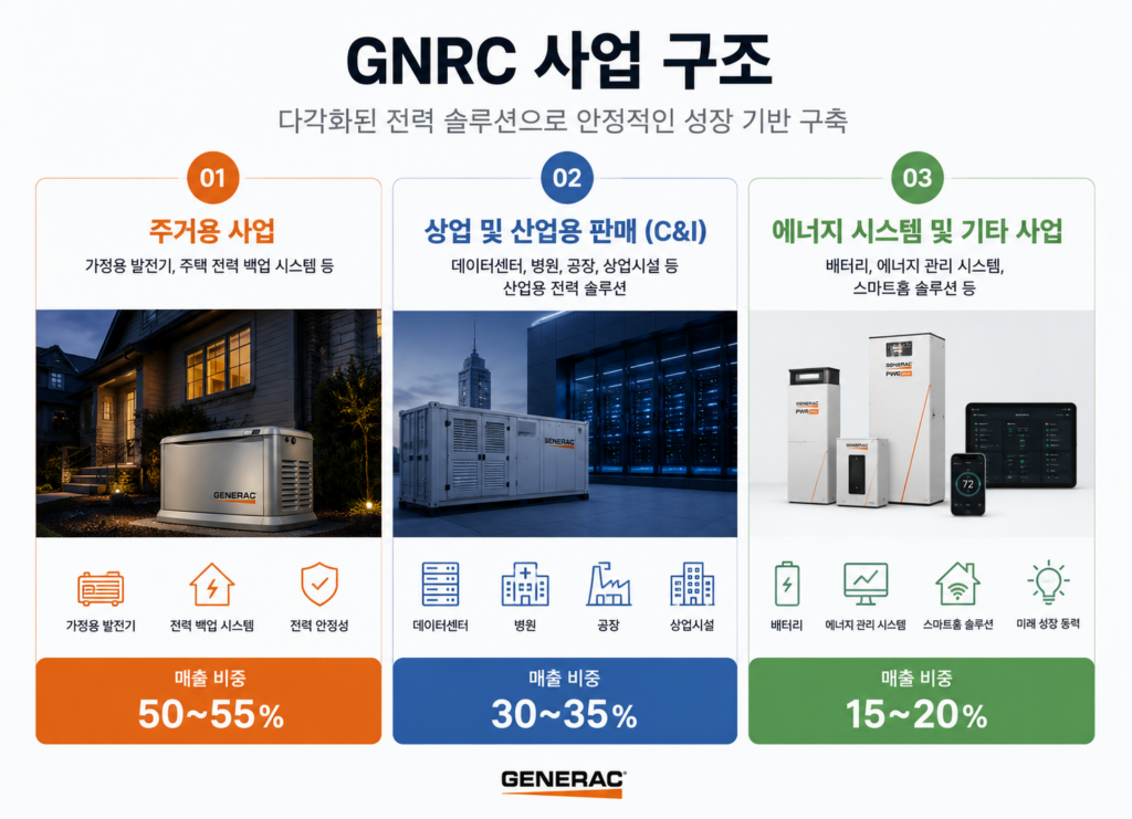 제네락 홀딩스(GNRC)의 사업 구조를 설명하는 인포그래픽 이미지. 주거용 발전기 사업, 상업 및 산업용(C&I) 전력 솔루션, 에너지 시스템 사업의 매출 비중과 핵심 영역을 정리한 이미지