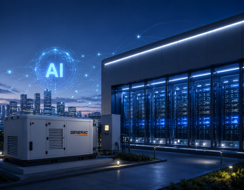 AI 데이터센터와 산업용 백업 발전기 시스템을 표현한 이미지. 대규모 전력 사용이 필요한 AI 데이터센터와 안정적인 전력 공급 중요성을 시각적으로 설명하는 이미지