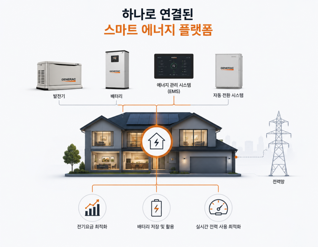 제네락 홀딩스(GNRC)의 에너지 통합 플랫폼 구조를 설명하는 이미지. 발전기, 배터리, 에너지 관리 시스템(EMS), 자동 전환 시스템이 연결되어 집 전체 전력을 관리하는 스마트 에너지 시스템을 표현한 이미지