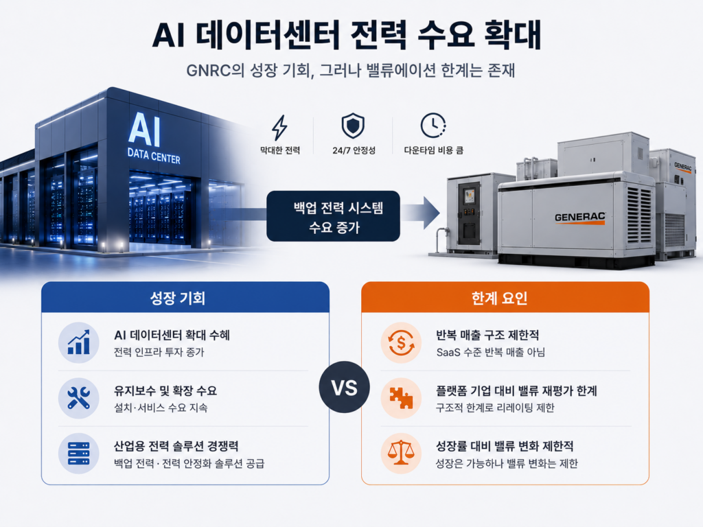 AI 데이터센터 전력 수요 증가에 따른 GNRC 성장 기회와 한계 요인을 비교한 인포그래픽 이미지. 산업용 백업 전력 시스템 수요 확대와 반복 매출 구조 한계를 함께 설명하는 이미지