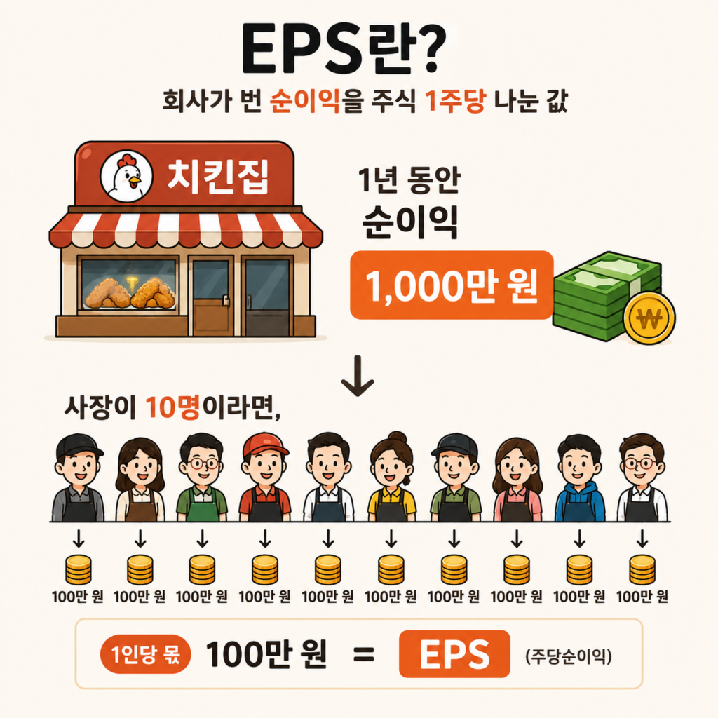EPS(주당순이익)를 치킨집 예시로 쉽게 설명한 이미지. 순이익 1,000만 원을 주주 10명이 나누면 1주당 몫은 100만 원이라는 개념을 표현