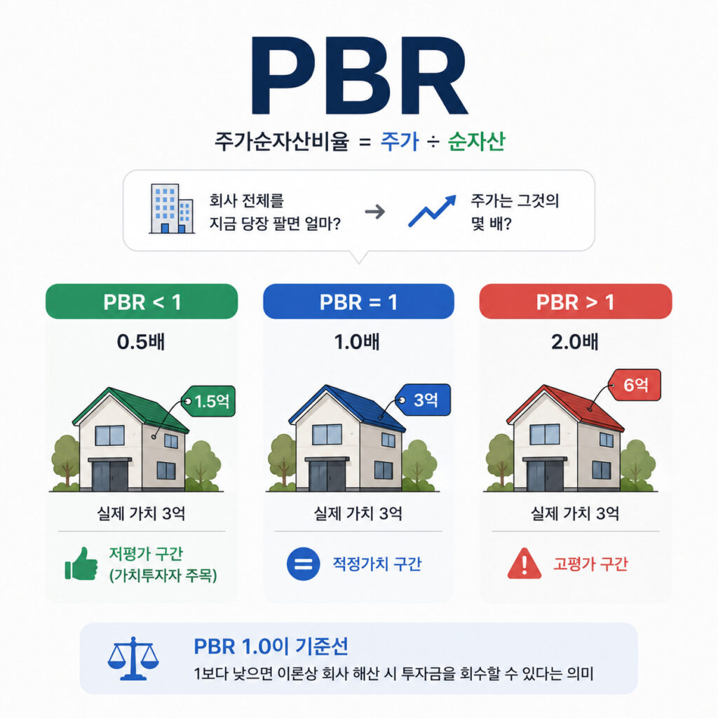 주가순자산비율(PBR)을 부동산 예시로 설명한 이미지. PBR 0.5, 1.0, 2.0의 차이와 저평가·적정가·고평가 개념을 한눈에 비교한 인포그래픽