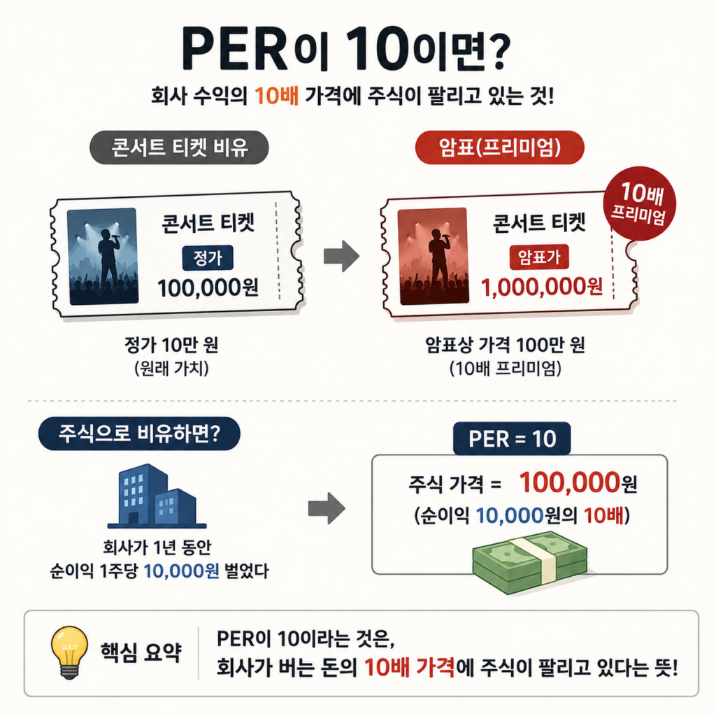 PER(주가수익비율)를 콘서트 티켓 비유로 설명한 이미지. 정가 10만 원 티켓이 100만 원에 거래되는 것처럼 PER 10은 회사가 버는 돈의 10배 가격에 주식이 거래된다는 의미