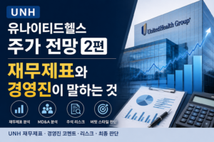 유나이티드헬스(UNH) 본사 건물과 상승하는 그래프, 재무제표 문서가 배치된 투자 분석 썸네일. 유나이티드헬스 주가 전망 2편으로 재무제표 분석, 경영진(MD&A), 주석 리스크, 버핏 스타일 투자 판단을 다루는 이미지를 표현.