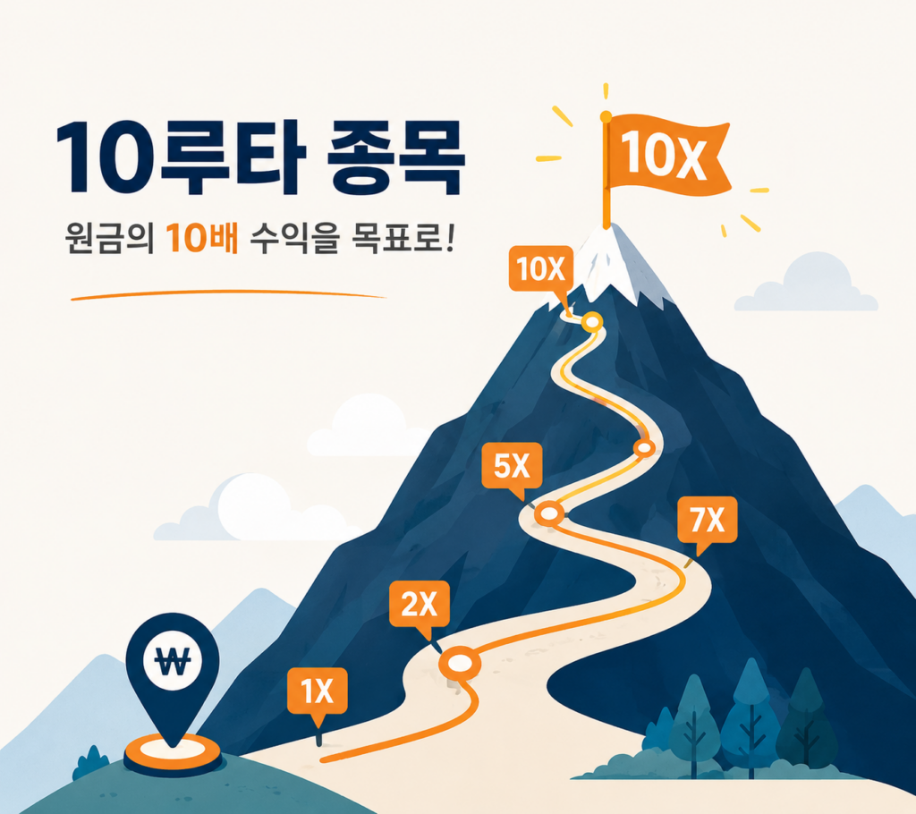 피터 린치의 10루타 종목 개념과 10배 수익 투자 과정을 표현한 일러스트
