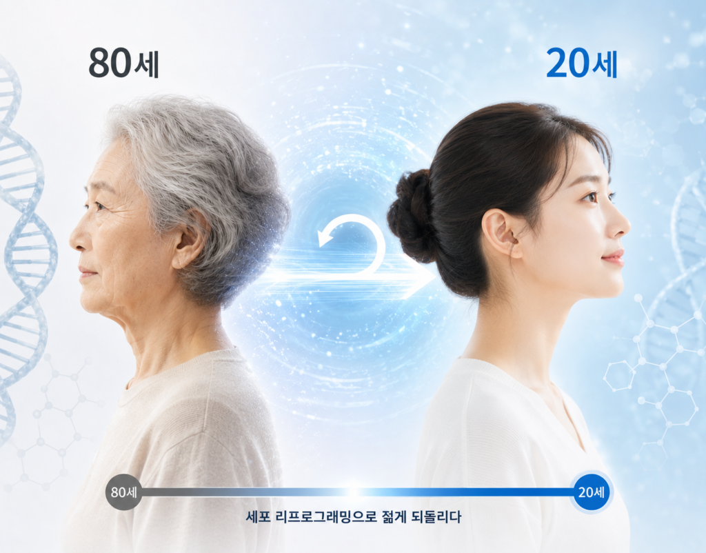 80세 노인이 20세 청년으로 젊어지는 모습을 표현한 이미지. 세포 리프로그래밍과 역노화 기술을 통해 노화를 되돌리는 미래 가능성을 시각화했다.
