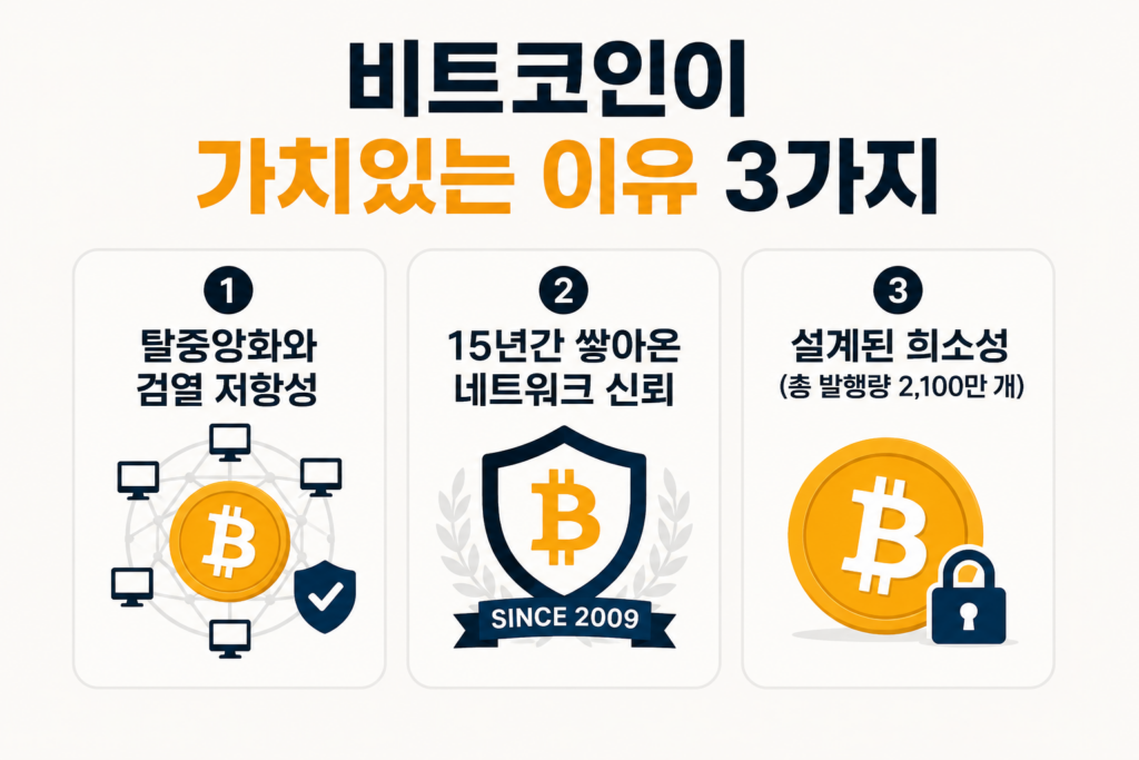 비트코인 가치의 핵심인 탈중앙화, 15년간의 네트워크 신뢰, 설계된 희소성을 설명한 이미지
