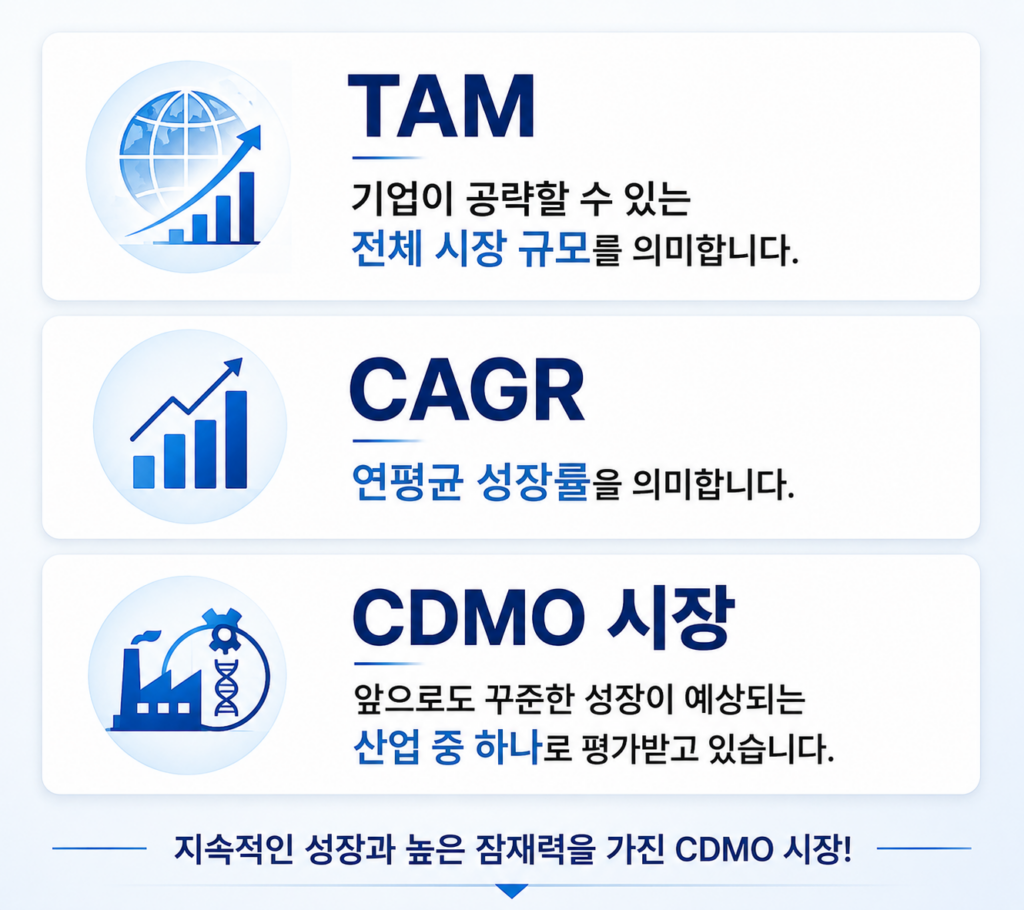 CDMO 시장 성장성 분석에 사용된 TAM과 CAGR 개념 설명 이미지