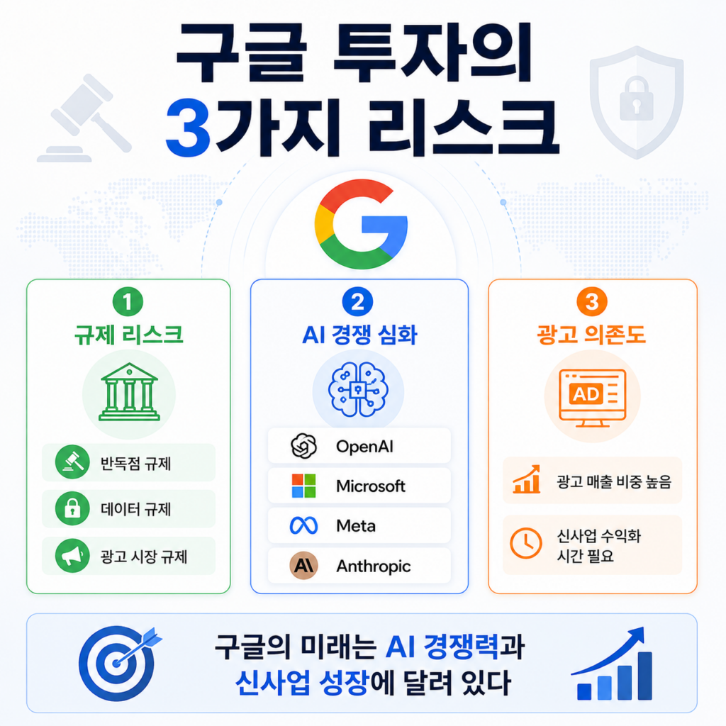 구글 전망 분석 이미지로 규제 리스크, AI 경쟁 심화, 광고 의존도 등 투자자가 알아야 할 3가지 위험 요소를 정리한 인포그래픽