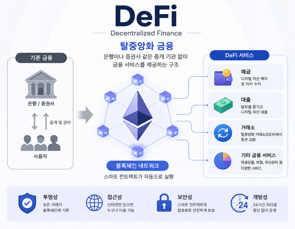 DeFi(탈중앙화 금융) 구조를 설명하는 인포그래픽. 기존 금융은 은행과 증권사가 중개 역할을 하지만, DeFi는 블록체인과 스마트 컨트랙트를 통해 예금, 대출, 거래소 기능을 중개기관 없이 제공하는 구조를 보여준다.