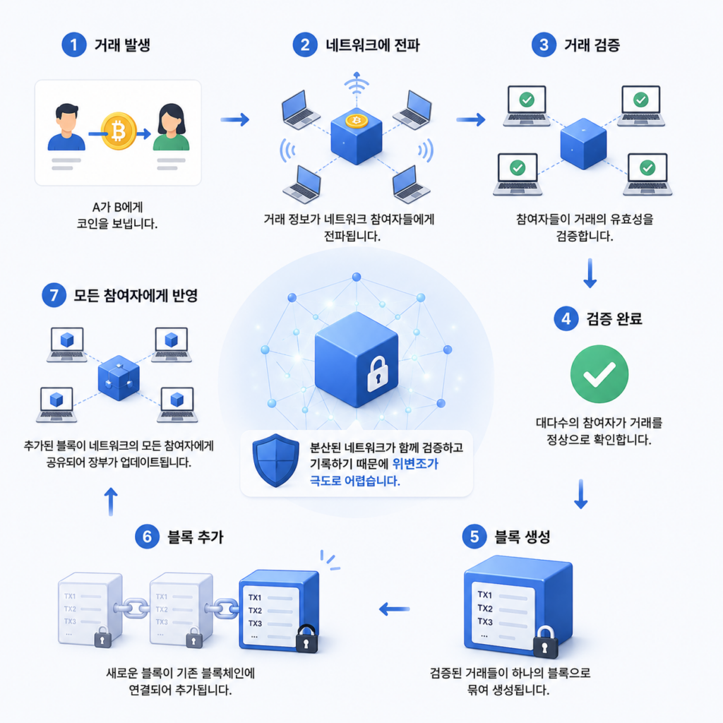 블록체인 검증 과정 설명 이미지. 거래 발생, 네트워크 검증, 블록 생성, 블록체인 연결 과정을 시각적으로 표현한 인포그래픽