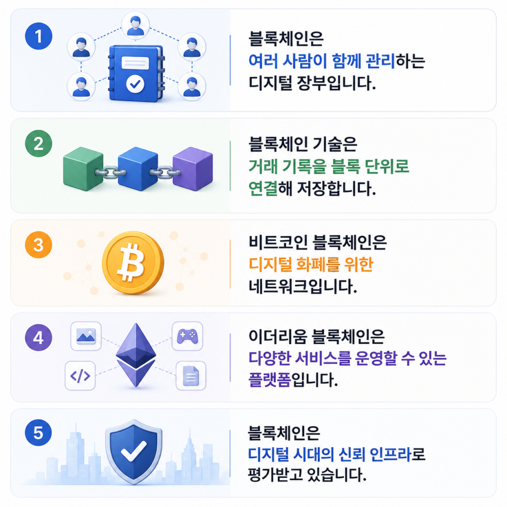 블록체인 뜻 핵심 요약 이미지. 블록체인 기술의 개념과 비트코인, 이더리움 블록체인의 차이를 정리한 인포그래픽