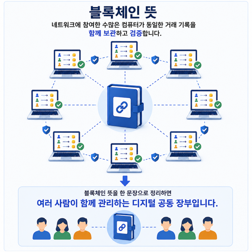 블록체인 뜻 쉽게 설명. 네트워크에 참여한 컴퓨터들이 동일한 거래 기록을 공유하고 검증하는 디지털 공동 장부 구조를 보여주는 이미지