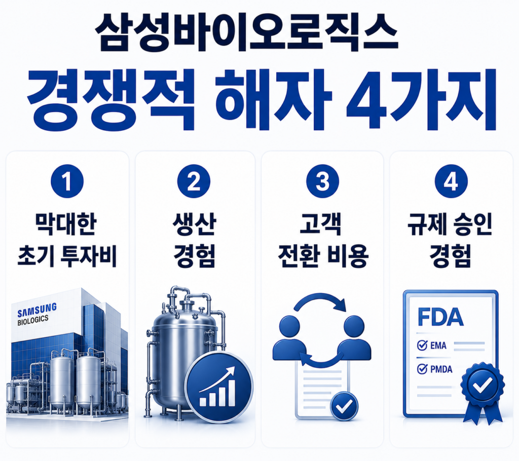 삼성바이오로직스의 경제적 해자인 생산능력, 글로벌 고객사, 품질 및 규제 대응력, 고객 전환 비용을 정리한 인포그래픽