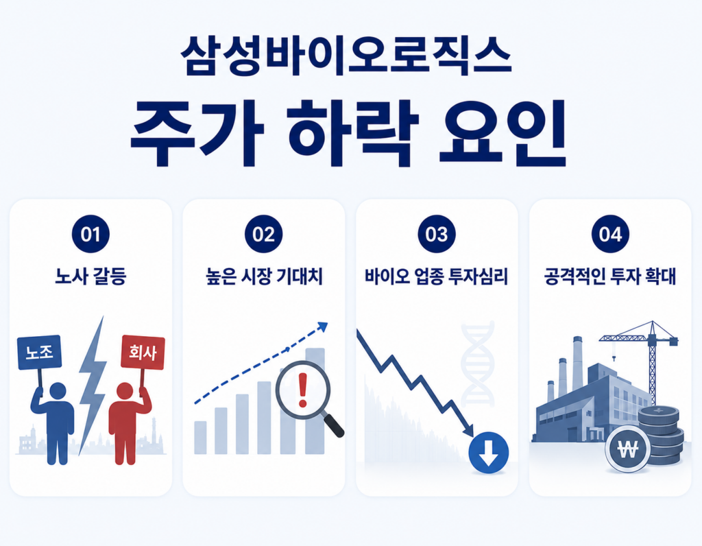 삼성바이오로직스 주가 하락 요인인 노사 갈등, 높은 시장 기대치, 바이오 업종 투자심리 약화, 공격적인 투자 확대를 정리한 인포그래픽