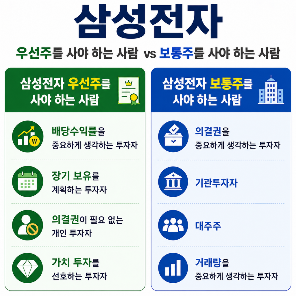 삼성전자 우선주와 보통주 투자자 유형 비교 이미지. 배당수익률, 장기투자, 가치투자를 선호하는 투자자는 우선주, 의결권과 거래량을 중요하게 생각하는 투자자는 보통주가 적합하다는 내용을 정리한 인포그래픽.