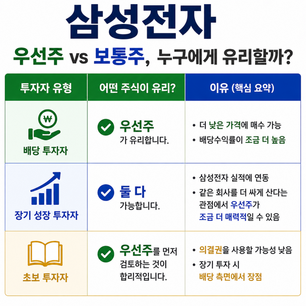 배당 투자자, 장기 성장 투자자, 초보 투자자 기준으로 삼성전자 우선주와 보통주 중 어떤 종목이 더 적합한지 비교한 표 이미지