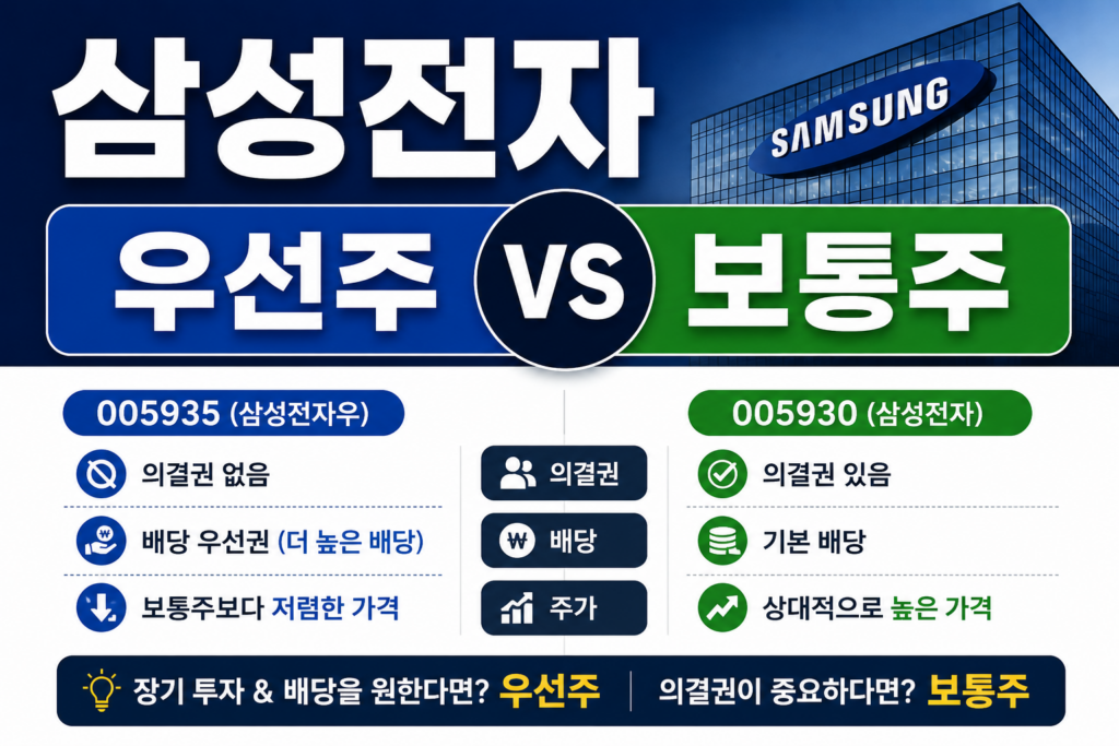 삼성전자 우선주와 보통주를 비교한 인포그래픽. 삼성전자우(005935)와 삼성전자(005930)의 의결권, 배당, 주가 차이를 정리한 이미지.