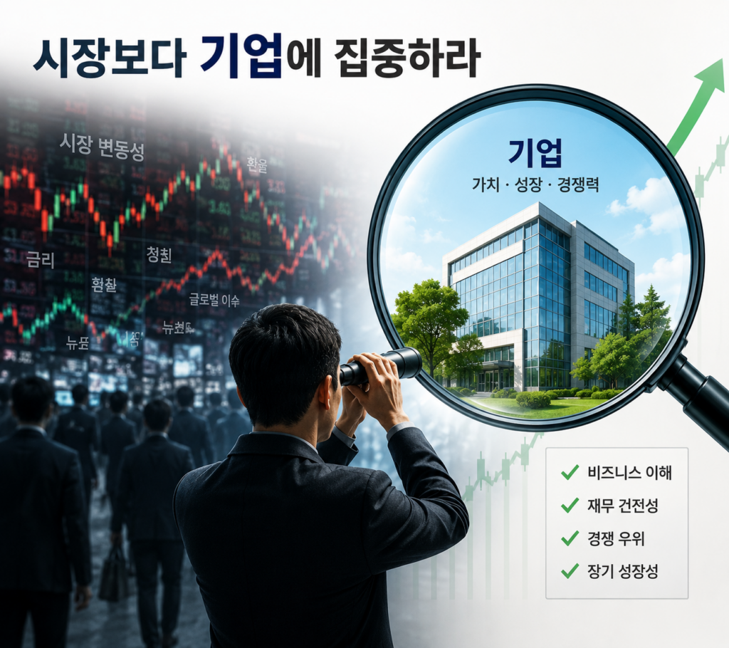 피터 린치의 투자 철학인 시장보다 기업에 집중하라는 원칙을 표현한 일러스트