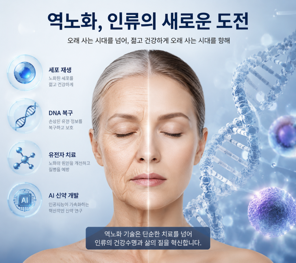 역노화(Longevity) 기술을 표현한 이미지. 노화된 얼굴이 젊은 얼굴로 변화하는 모습과 DNA, 세포 재생, 유전자 치료, AI 신약 개발 기술이 함께 표현되어 있으며, 항노화 산업과 헬스케어 시장의 미래를 상징한다.