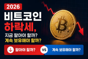 2026년 비트코인 하락장에서 지금 팔아야 할지 계속 보유해야 할지 고민하는 투자자를 표현한 썸네일
