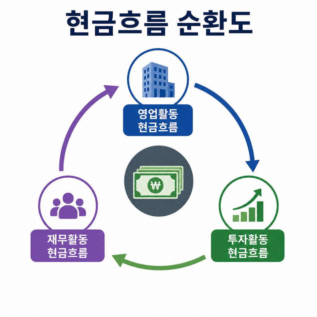 현금흐름 순환도 - 영업활동, 투자활동, 재무활동 현금흐름의 관계를 나타낸 인포그래픽