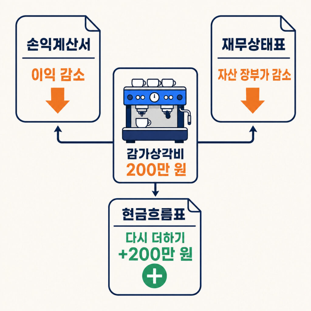 감가상각비가 손익계산서의 이익, 재무상태표의 자산 장부가액, 현금흐름표에 미치는 영향