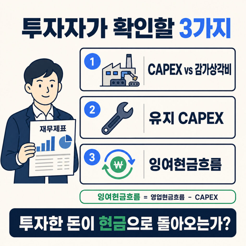 투자자가 감가상각비를 분석할 때 CAPEX, 유지 CAPEX, 잉여현금흐름을 함께 확인하는 체크리스트