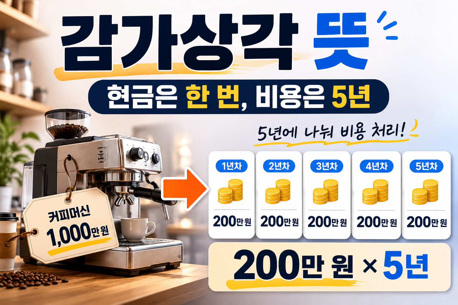 감가상각 뜻을 현금은 한 번 지출하고 비용은 5년에 나누어 기록하는 모습으로 표현한 이미지