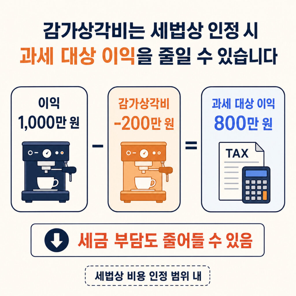 감가상각비 200만 원을 반영해 세금 계산 기준 이익이 1,000만 원에서 800만 원으로 줄어드는 예시