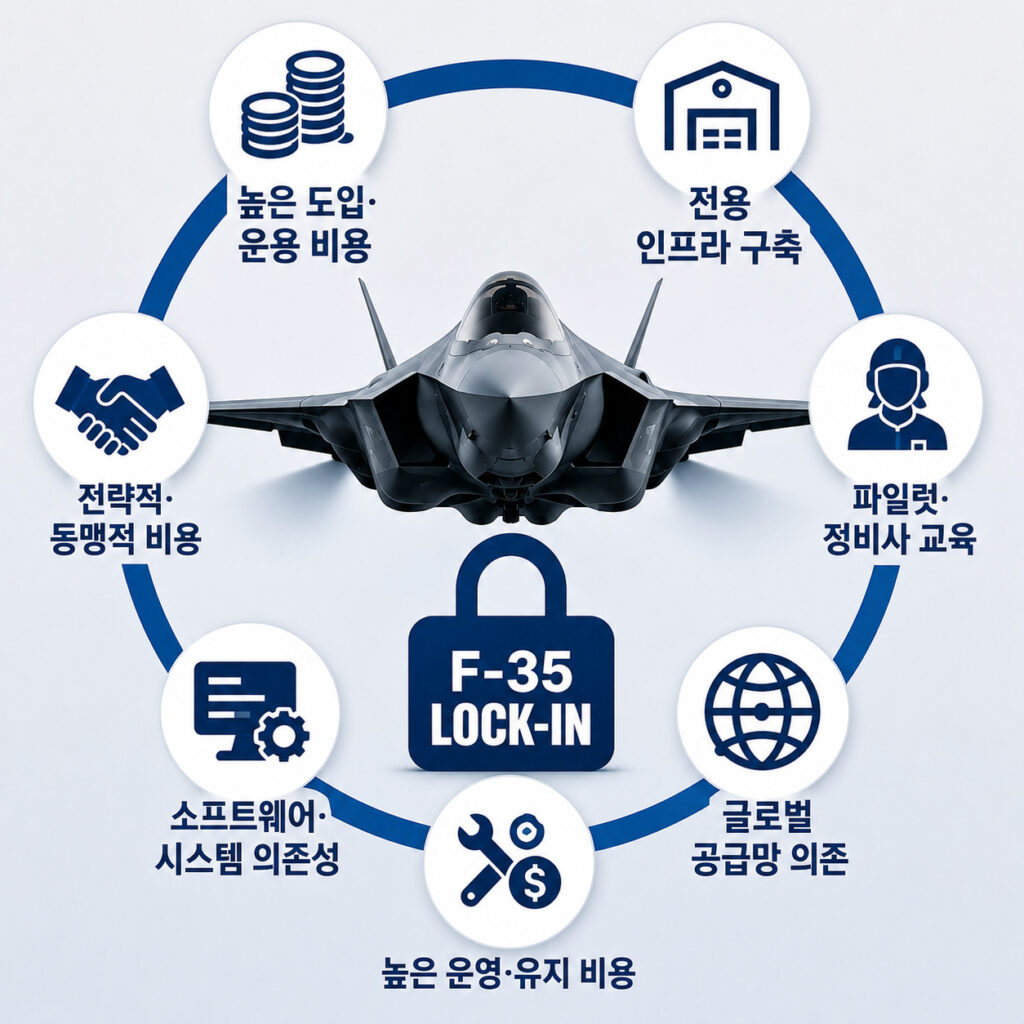 F-35 전투기의 높은 도입 비용, 전용 인프라, 교육, 공급망 등 락인(Lock-in) 요인을 정리한 인포그래픽