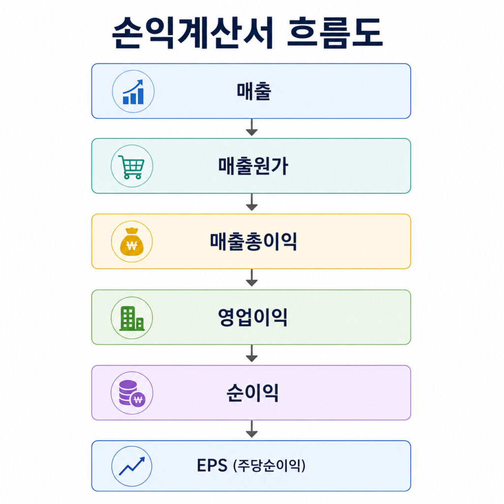 손익계산서 흐름도 - 매출부터 EPS까지 순서를 보여주는 이미지