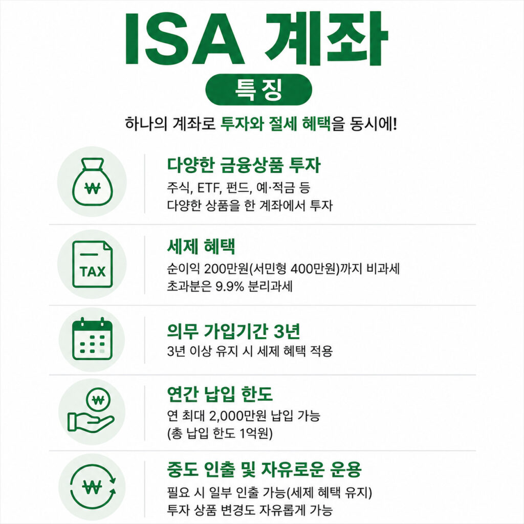 ISA 계좌 특징을 정리한 인포그래픽으로 세제혜택, 비과세 한도, 의무가입기간, 납입한도를 설명한 이미지