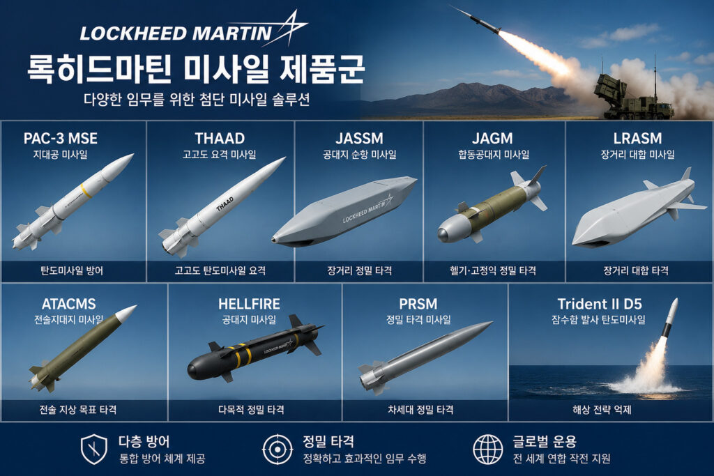 록히드마틴의 대표 미사일 제품인 PAC-3 MSE, THAAD, JASSM, JAGM, LRASM, ATACMS, Hellfire, PrSM 등을 정리한 인포그래픽