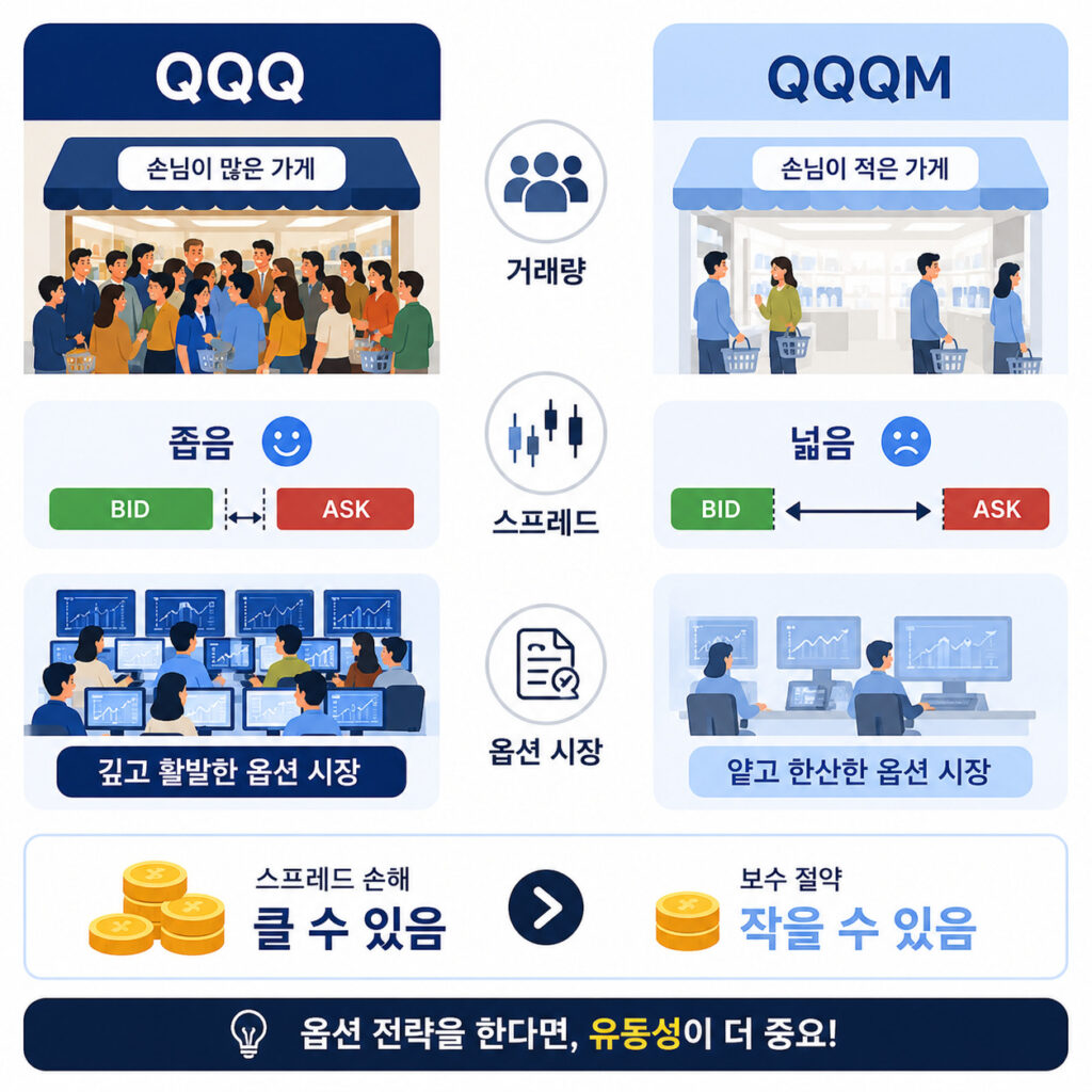 QQQ와 QQQM의 거래량, 유동성, 스프레드 차이를 비교한 이미지. 거래량이 많은 QQQ는 스프레드가 좁고, QQQM은 상대적으로 넓은 스프레드를 가질 수 있음을 설명합니다.