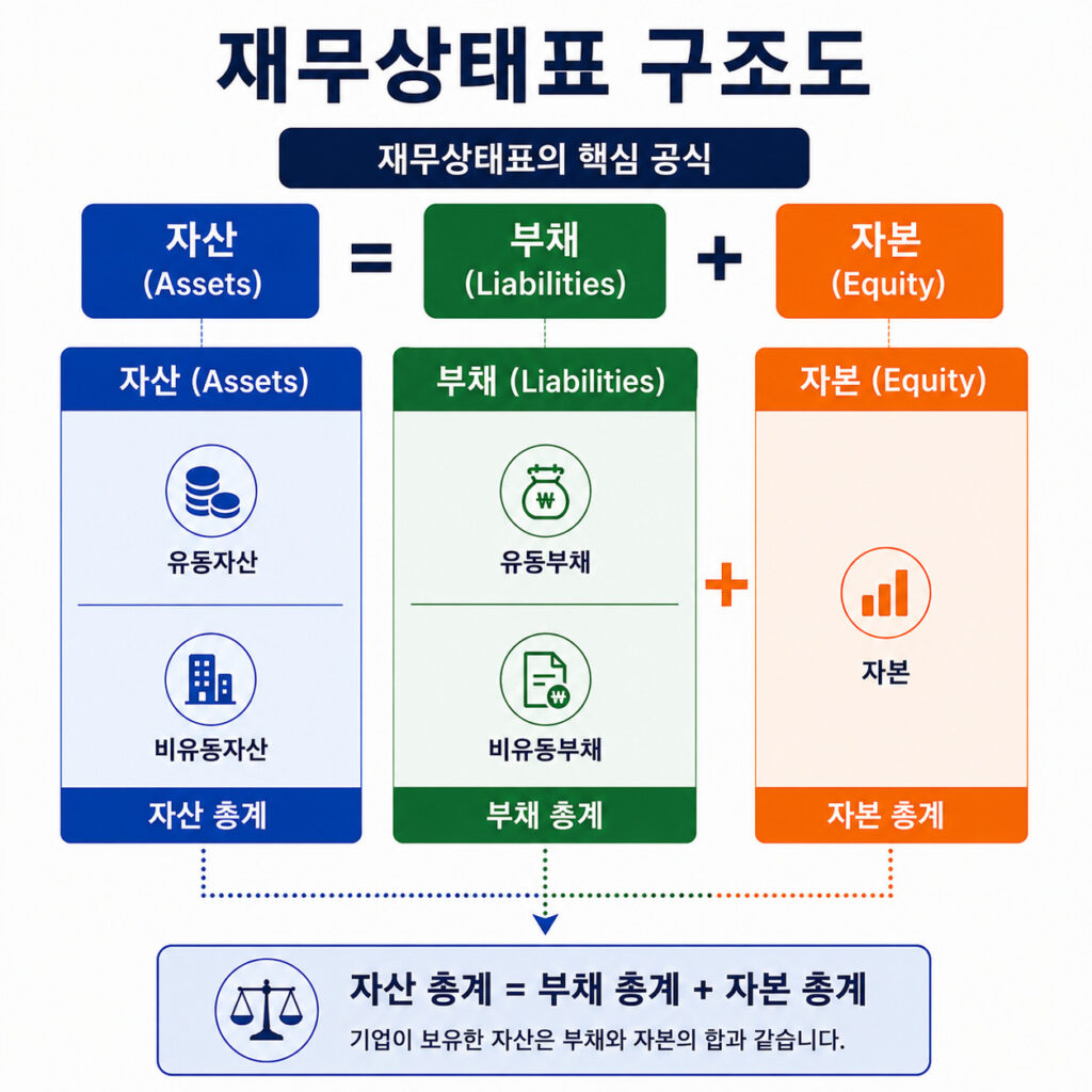 주식 재무제표 보는 법 - 자산, 부채, 자본의 관계를 설명하는 재무상태표 구조도